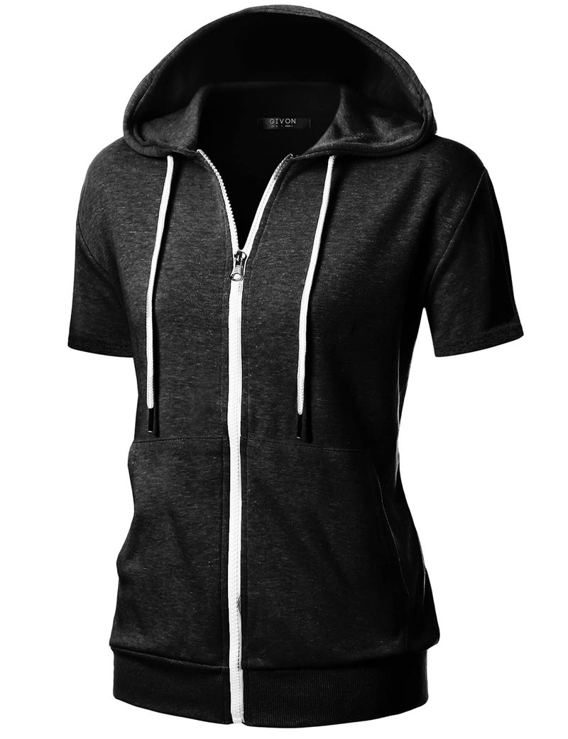 GIVON Womens Slim Fit Zip Up Hoodie Short Sleeve Thin Jacket Full Zip Sweatshirt with Plus Size / DCF207-CHARCOAL-2XL - Image 1